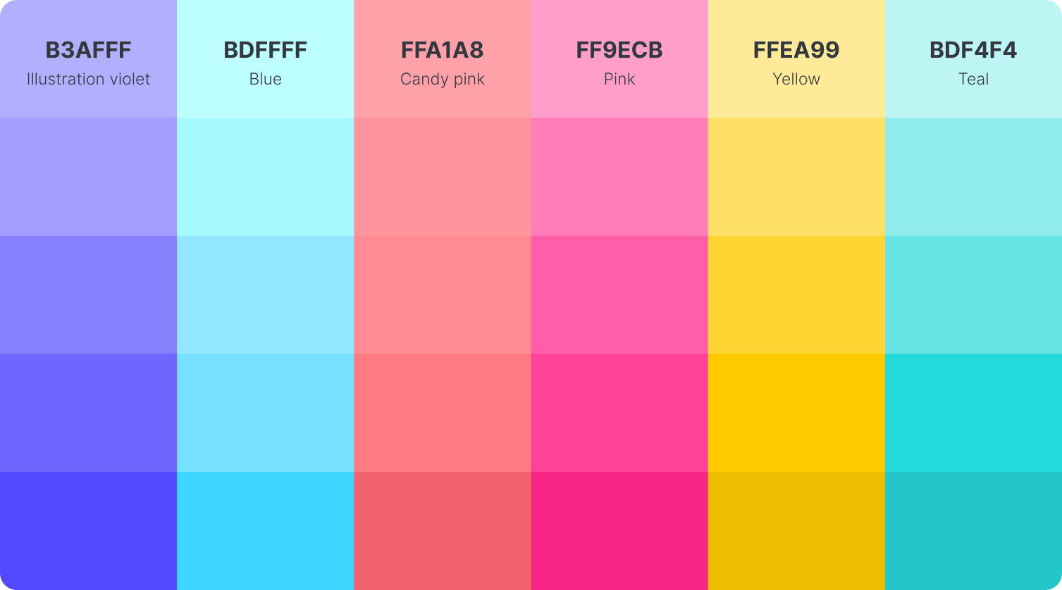 Colour palette of purple, blue, pink and yellow colour tones