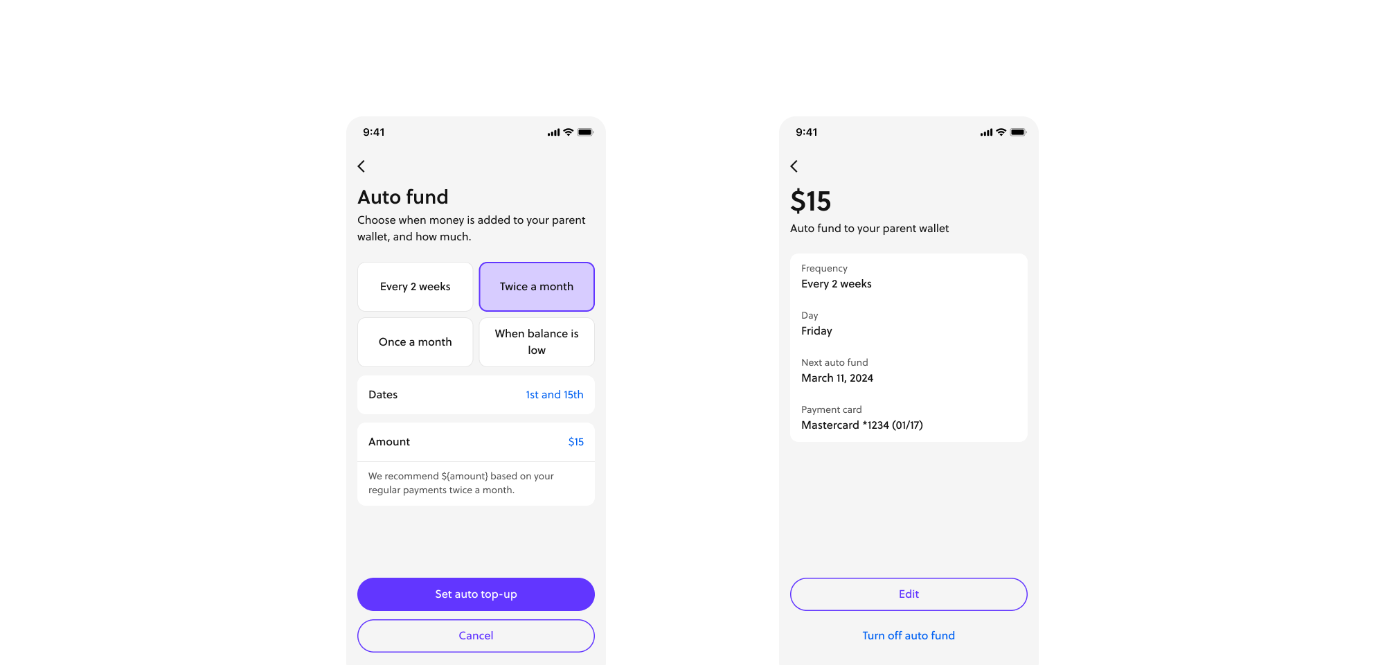 Two app screens side by side showing GoHenry scheduled top up screens