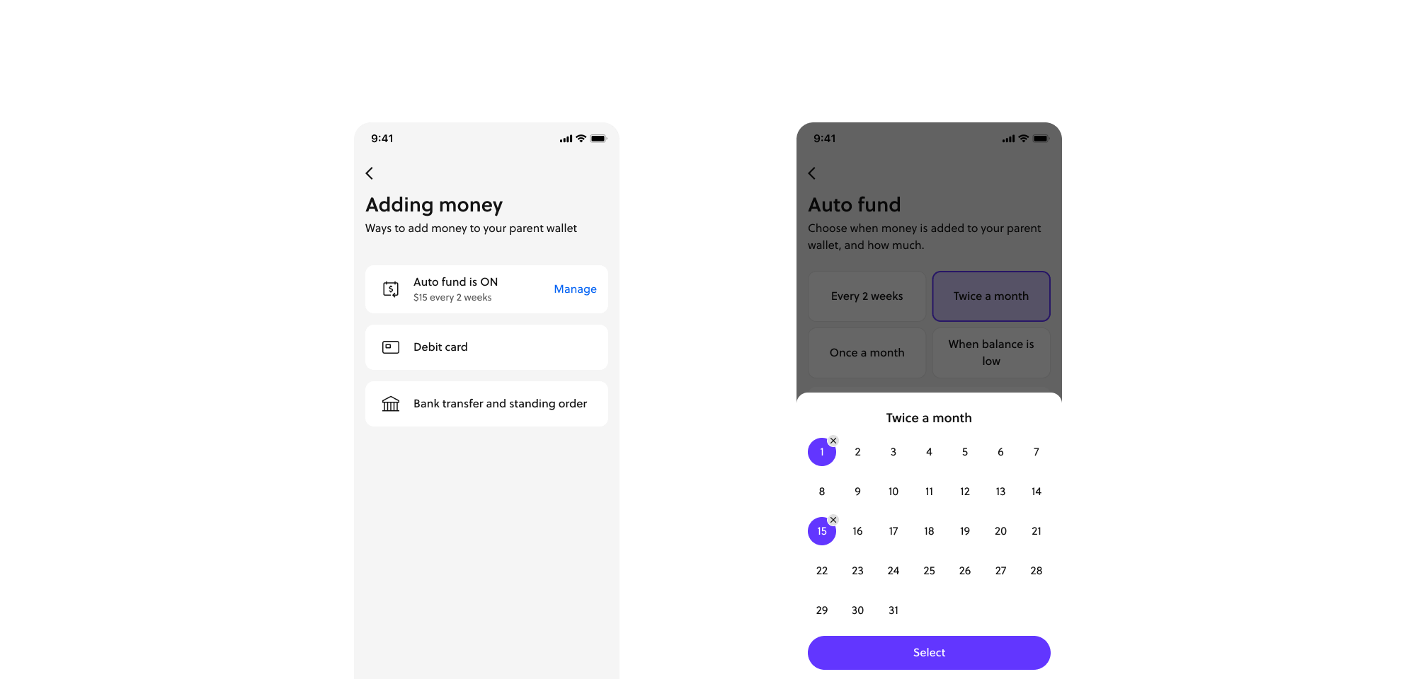 Two app screens side by side showing options for parents to set up auto top ups