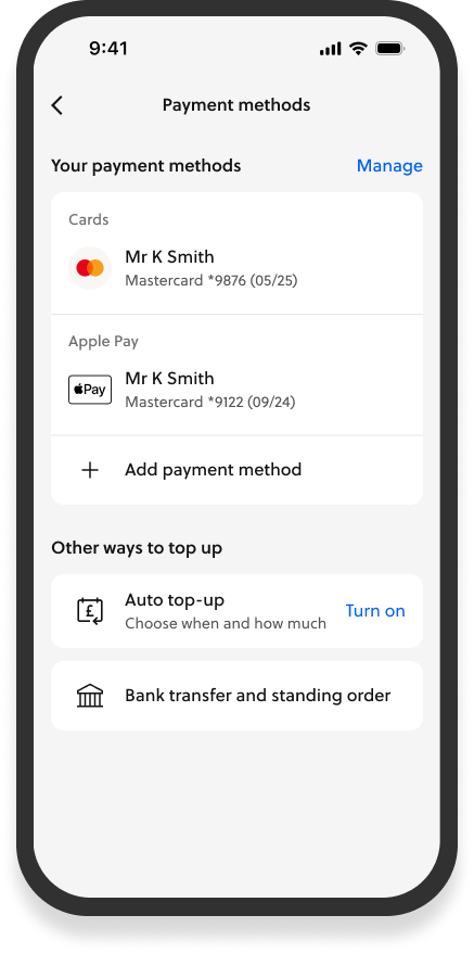 Mobile app of GoHenry's payment methods screen