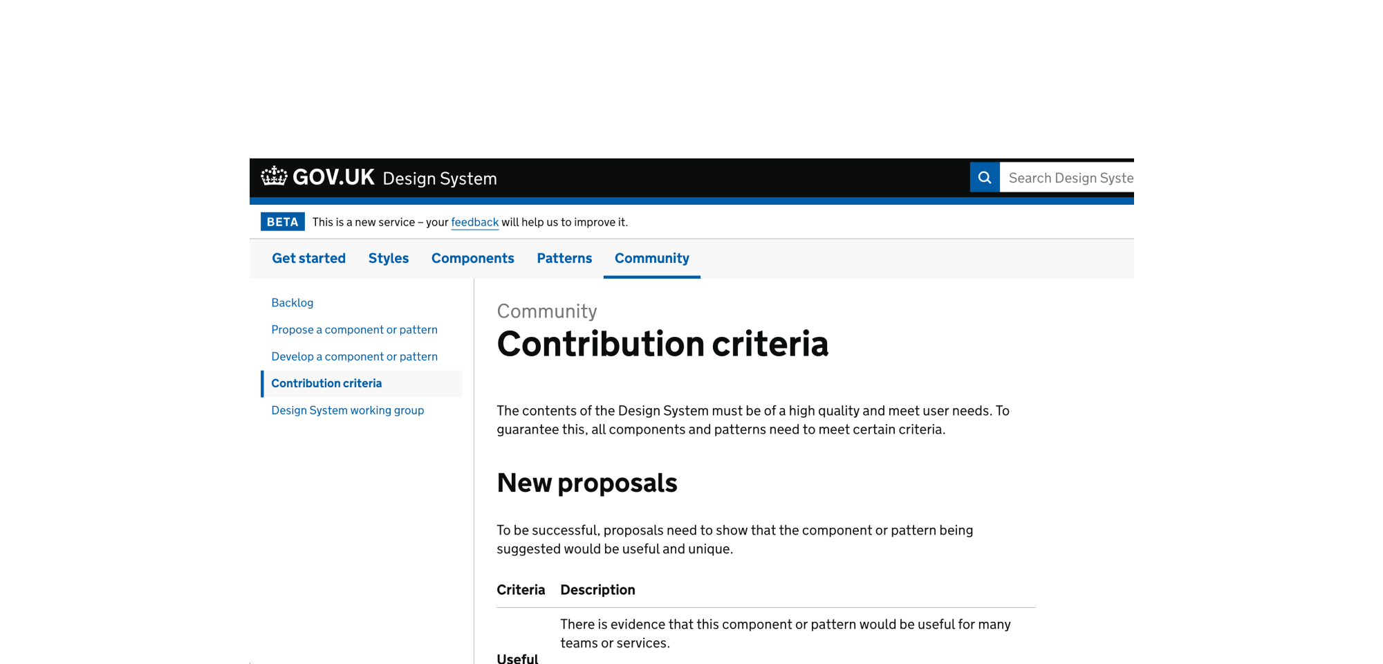 A screen of the gov.uk design system talking about contribution