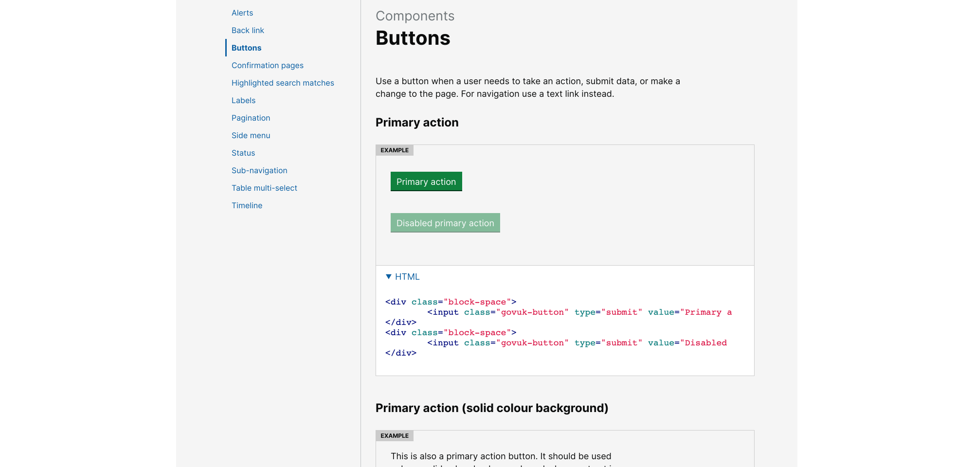 A screen of the Home Office design system talking about a button component