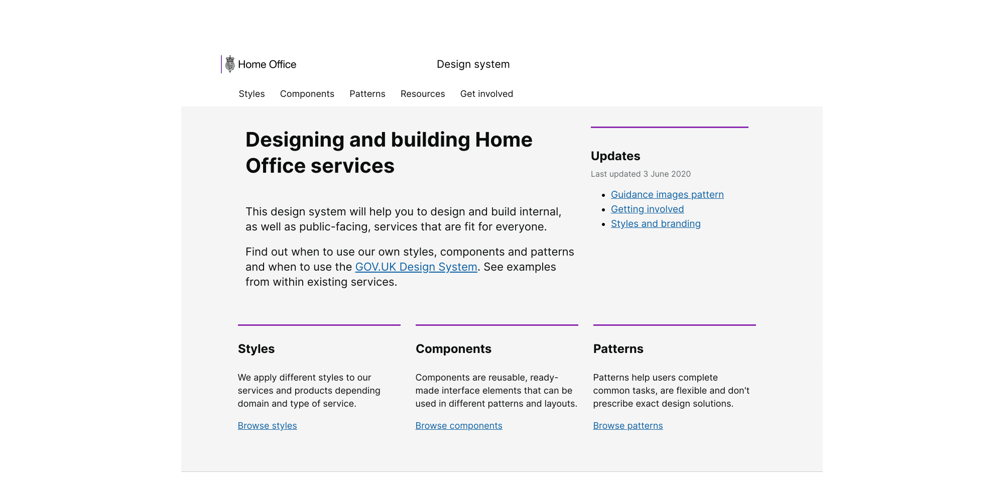 The homepage screen of the Home Office design system