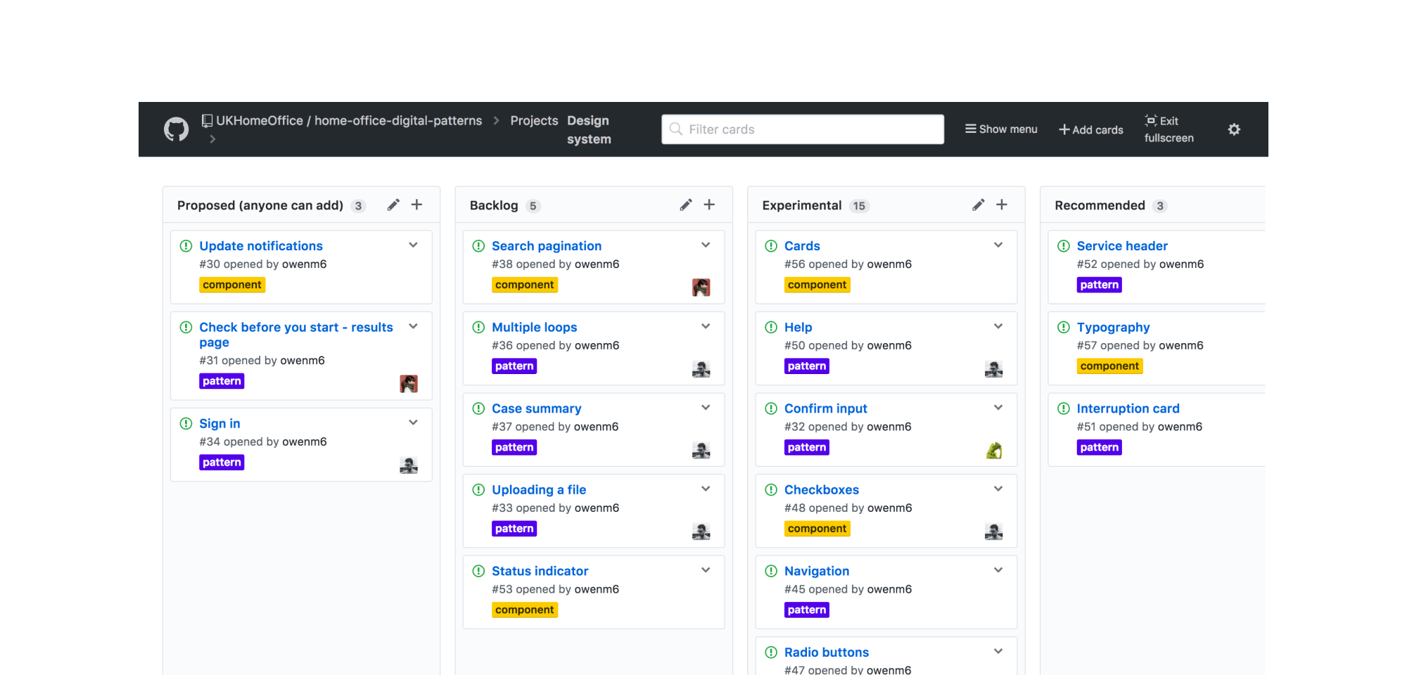 A screen of Github with cards related to various design patterns