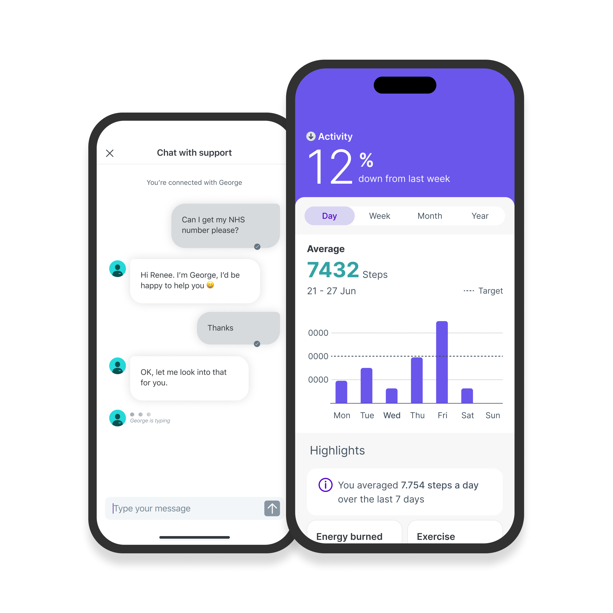 Two mobile views of a health app